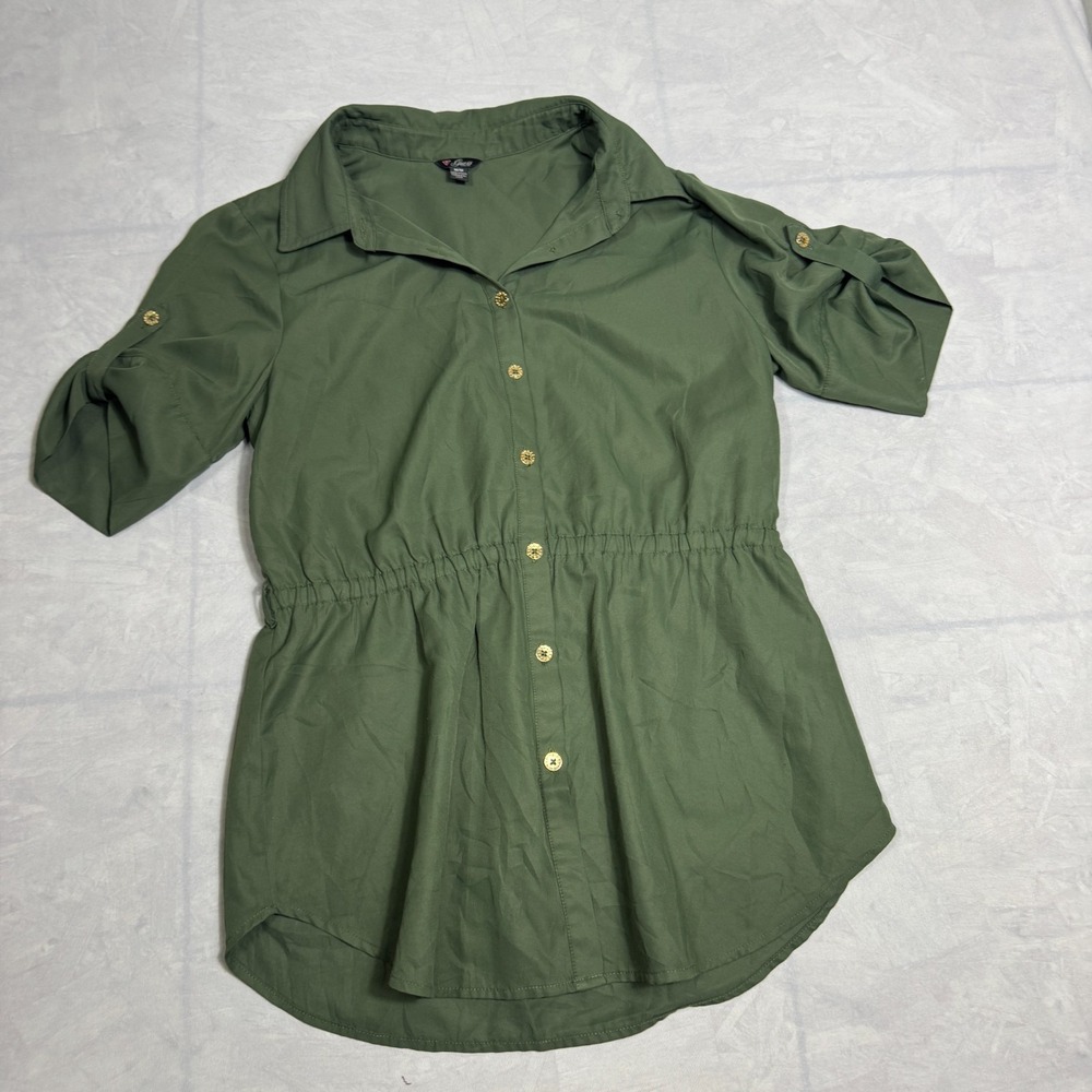 Guess Womens Button-Up Shirt Green Empire Waist Roll Tab Sleeve Collared Size M